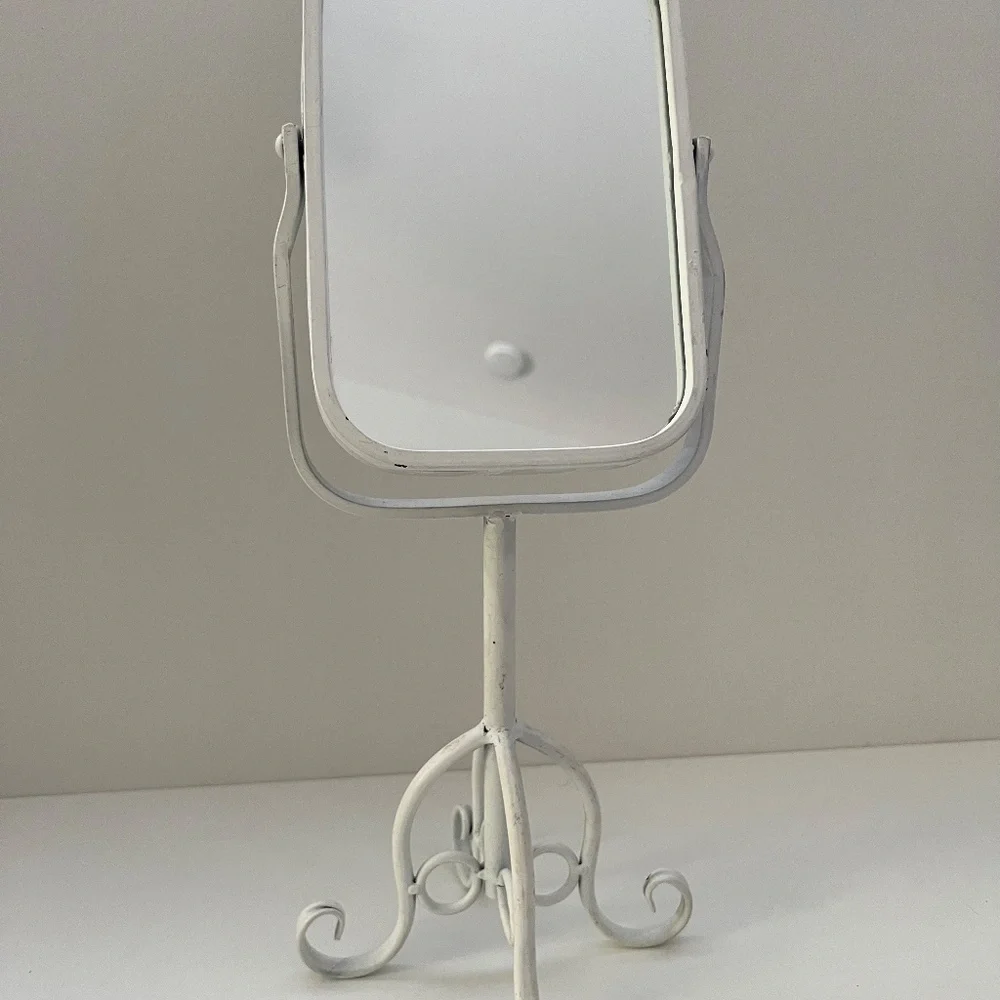 White Metal Tabletop Vanity Mirror With Adjustable Swivel Tilt & Scroll Base